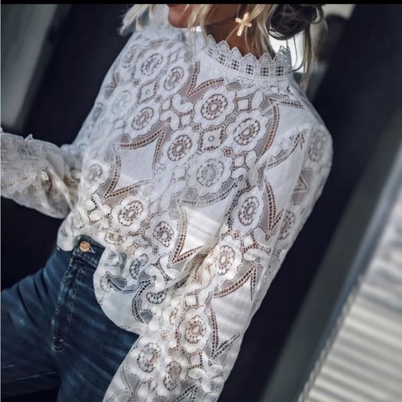 Restocking White Lace High Neck Long Sleeve Shirt - Picture 2 of 11